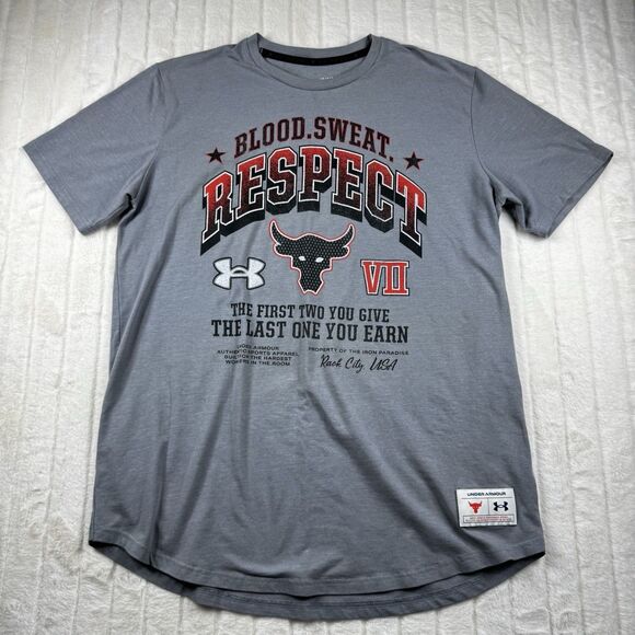 Under Armour Project Rock T-Shirt Men's L Gray Blood Sweat Respect Graphic Gym - Picture 1 of 9